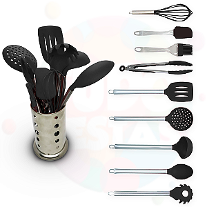 Kit 10 Peças Utensílios Cozinha Silicone com Cabo Inox Jogo de Colheres com Porta Talheres