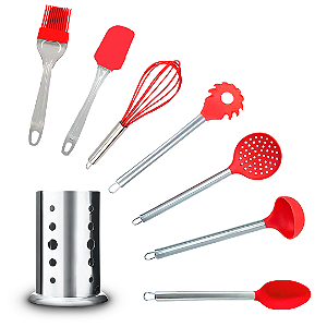 Kit 8 Peças Utensílios Cozinha Silicone com Cabo Inox com Porta Talheres