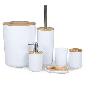 Kit Banheiro Conjunto Completo Lavabo 6 Peças Bambu Moderno Lixeira Saboneteira