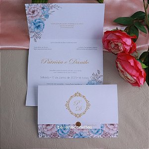 Convite de Casamento Floral Rosa — disponível em kits com 30, 50, 80 e 100 unidades.