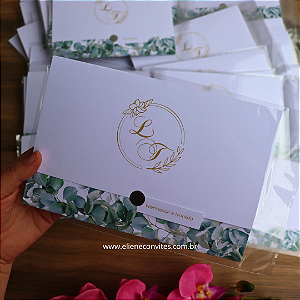 Convite de Casamento Verde e Dourado — disponível em kits com 30, 50, 80 e 100 unidades.