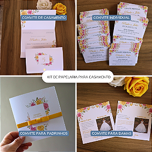 Kit Papelaria de casamento Floral Rosa e Amarelo