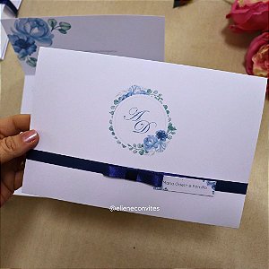 Convite de Casamento Floral Azul Marinho - kits com 30, 50, 80 e 100 unidades