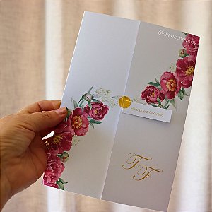 Convite de Casamento Floral Rosa Fúcsia — Kits com 30, 50, 80 e 100 Unidades