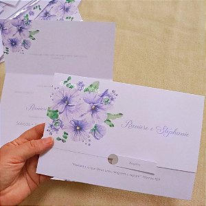 Convite de Casamento Lavanda e Lilás — disponível em kits com 30, 50, 80 ou 100 unidades.