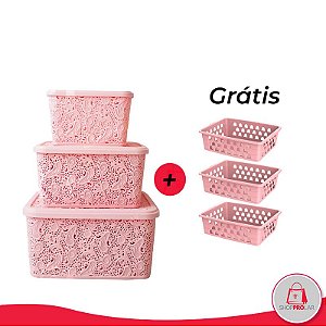 Kit 3 Caixas organizadoras - Linha Floral Com Tampa - cor Rosa + 3 cestos organizadores grátis