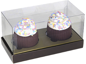 CAIXA FDO DOURADA TAMPA TRANSPARENTE 2 CUPCAKES C/10 UND
