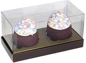 CAIXA FDO DOURADA TAMPA TRANSPARENTE 2 CUPCAKES C/10 UND