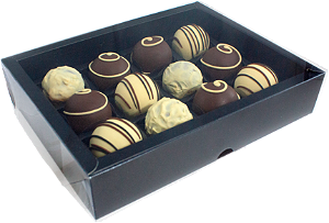 CAIXA BORDA PREMIUM PRETA PARA 12 DOCES TAMPA TRANSPARENTE C/10 UNI