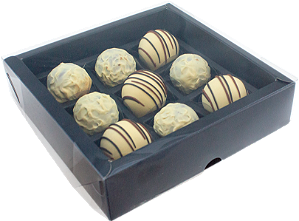 CAIXA BORDA PREMIUM PRETA PARA 9 DOCES TAMPA TRANSPARENTE C/10 UNI