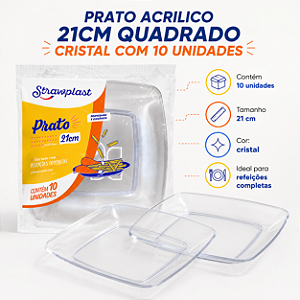 PRATO ACRILICO 21CM QUADRADO CRISTAL COM 10 UNIDADES