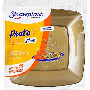 PRATO ACRILICO 21CM DOURADO QUADRADO C/10 UND