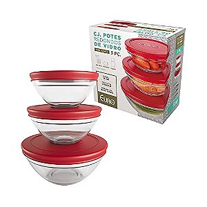 JOGO 3 POTES VIDRO TPA PLASTICA SAFIRA (200, 400 E 550ML) TAMPA VERMELHA