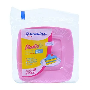 PRATO ACRILICO 15CM ROSA QUADRADO C/10 UND