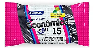 SACO LIXO ECONOMICO ROLL PRETO 15LTS C/100 39cmx 58cm