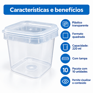 POTE DE PLASTICO QUADRADO 220ML LACRE C/10 UNIDADE