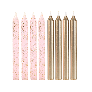 VELA PALITO ROSA GLITTER E DOURADO 8CM 8UND