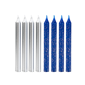 VELA PALITO AZUL GLITTER E PRATA 8CM 8 UNIDADES