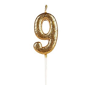 VELA GLITTER DOURADA N9 C/ PALITO 13,5CM