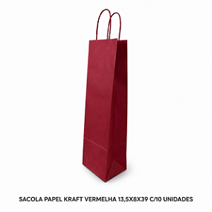 SACOLA PAPEL KRAFT VERMELHA 13,5X8X39 C/ 10 UNIDADES
