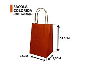 SACOLA PAPEL KRAFT LARANJA ALÇA NATURAL 9,5X7,5X14,5CM C/ 10 UNIDADES
