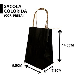 SACOLA PAPEL KRAFT PRETA ALÇA NATURAL 9,5X7,5X14,5CM C/ 10 UNIDADES