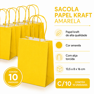 SACOLA PAPEL KRAFT AMARELO 13,5X8X16 C/10