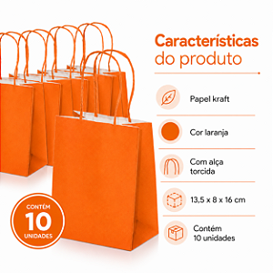 SACOLA PAPEL KRAFT LARANJA 13,5X8X16 C/10