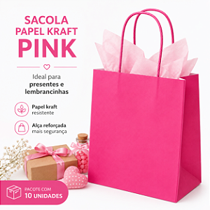 SACOLA PAPEL KRAFT ROSA PINK 13,5X8X16 C/10