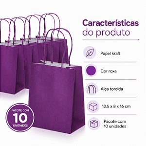 SACOLA PAPEL KRAFT ROXO 13,5X8X16 C/10
