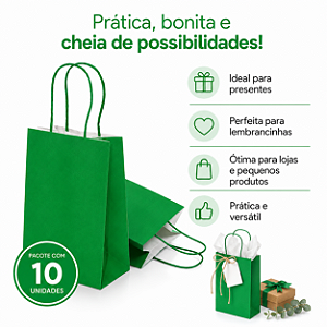 SACOLA PAPEL KRAFT VERDE BANDEIRA 13,5X8X16 C/10