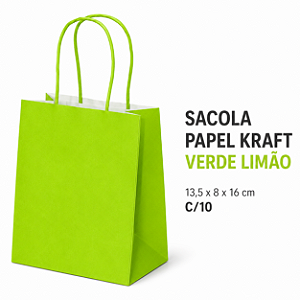 SACOLA PAPEL KRAFT VERDE LIMAO 13,5X8X16 C/10