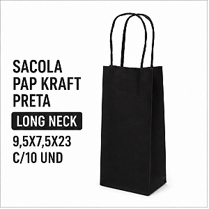 SACOLA PAPEL KRAFT PRETA LONG NECK 9,5X7,5X23 C/10 UND
