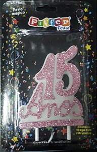 VELA TEXTO 15 ANOS BRANCA GLITTER ROSA UND