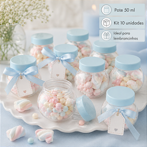 MINI BALEIRO PLÁSTICO 50ML COM TAMPA AZUL BEBE C/10 UND