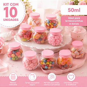 MINI BALEIRO PLÁSTICO 50ML COM TAMPA ROSA BEBE C/10 UND