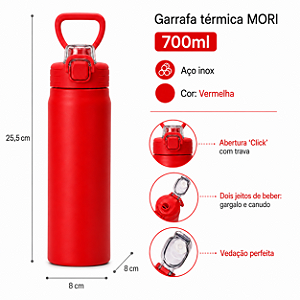 GARRAFA TERMICA INOX 700ML VERMELHO MORI