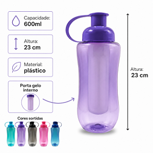 SQUEEZE DE PLASTICO 600ML COM PORTA GELO CORES DIVERSAS