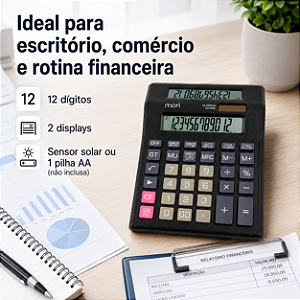 CALCULADORA DUO MORI PRETA COM 12 DIGITOS 2 DISPLAYS