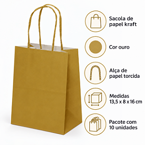 SACOLA PAPEL KRAFT OURO 13,5X8X16CM C/10 UNIDADE
