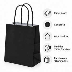 SACOLA PAPEL KRAFT PRETA 13,5X8X16CM C/10 UNIDADE