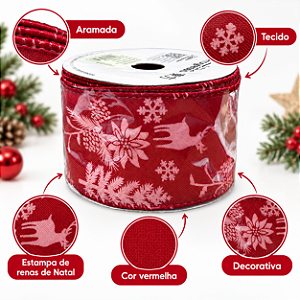 FITA DECORATIVA ARAMADA TECIDO RENAS DE NATAL VERMEHA 63MM X 10M UNIDADE