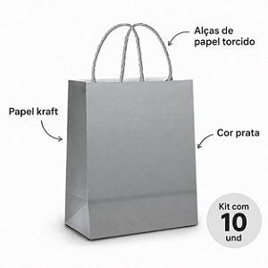 SACOLA PAPEL KRAFT PRATA 17,5X8,5X21,5CM C/10 UNIDADES