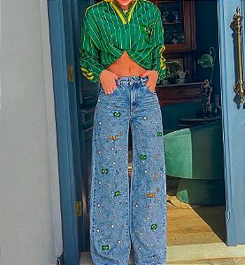 Calça Wide Leg Bordada Brasil