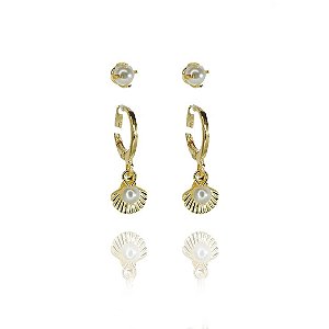 Duo Argolinha de Concha e Pérolas Banho de Ouro 18k