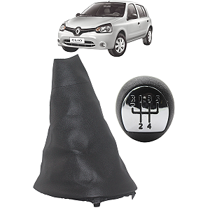 Kit Coifa de Cambio Manopla Clio 2000 a 2016 Preta Courvin com Bola Preta Lente Cromada