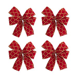 Laço vermelho colmeia dourado de Natal para Árvores e Guirlanda - Kit 24 unidades