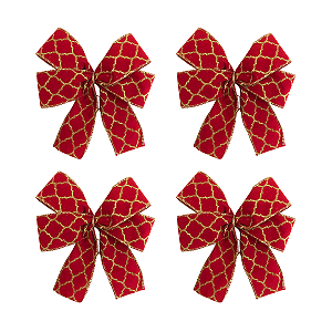 Laço vermelho colmeia dourado de Natal para Árvores e Guirlanda - Kit 04 unidades