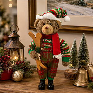 Boneco Natalino Urso Esquiador 50cm Decoração de Natal