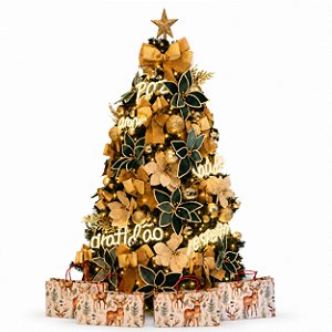 Árvore de Natal 3,00m 1500 Galhos Decorada Verde e Dourada com Pisca LED e Cascata de Palavras